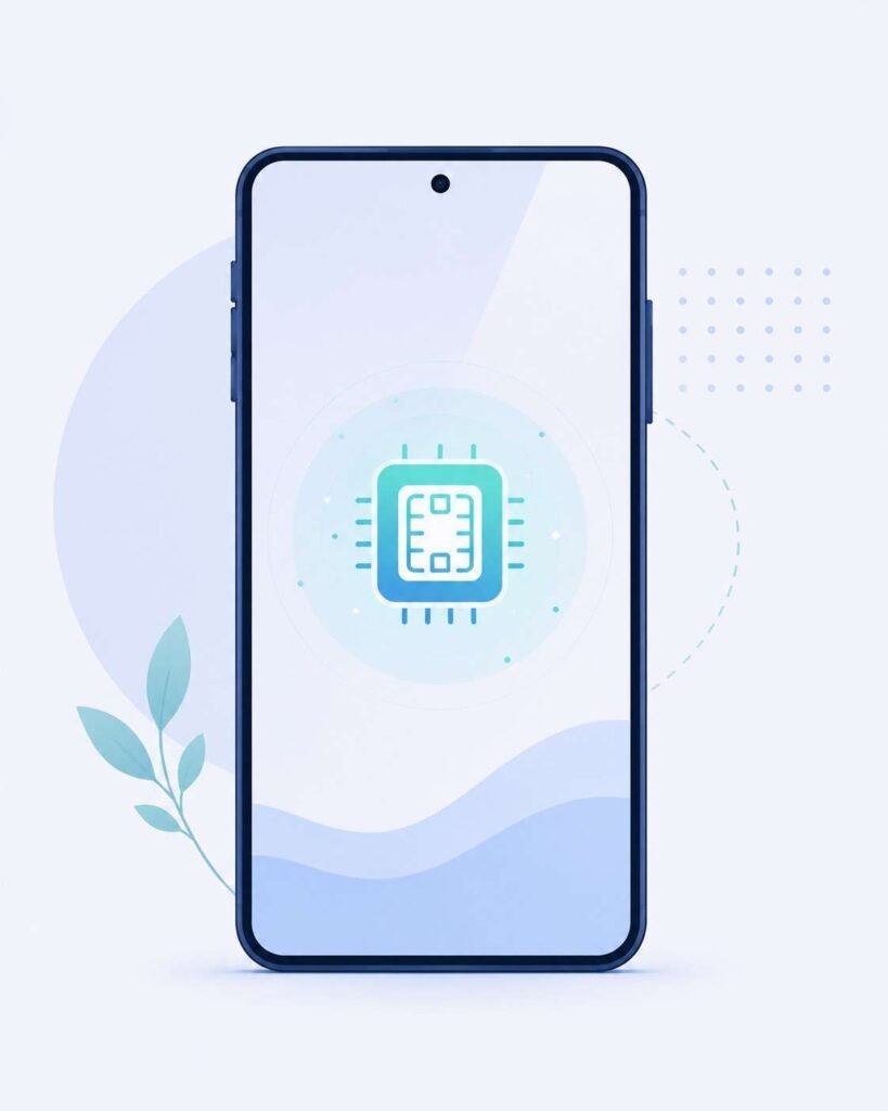 Smartphone silhouette with a glowing digital SIM chip icon representing Android eSIM support