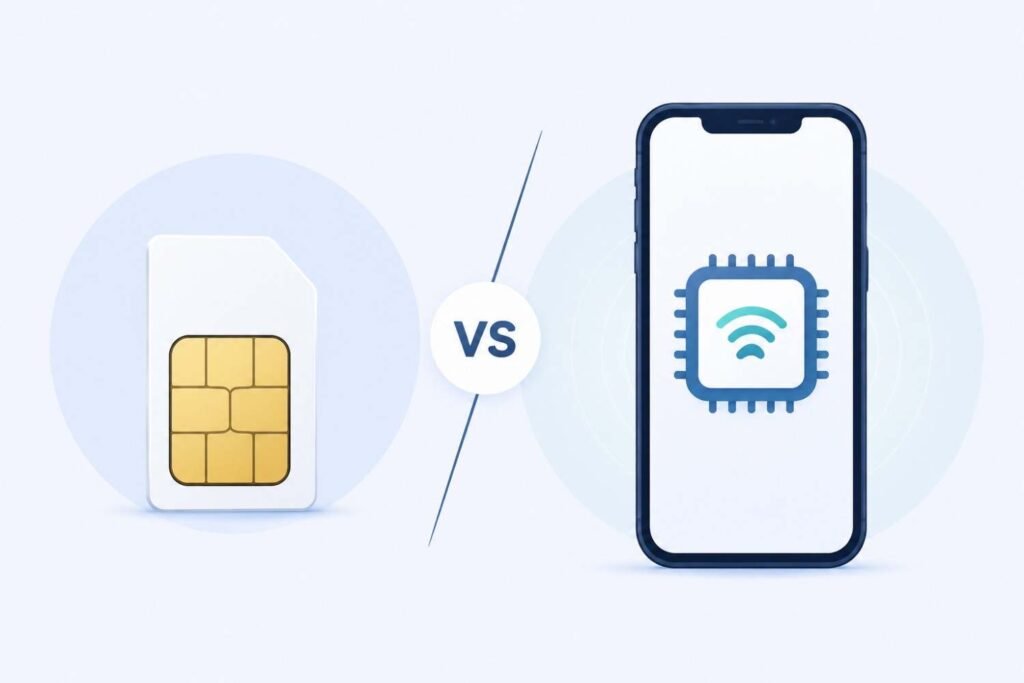 Physical SIM card compared side by side with a smartphone showing an eSIM icon