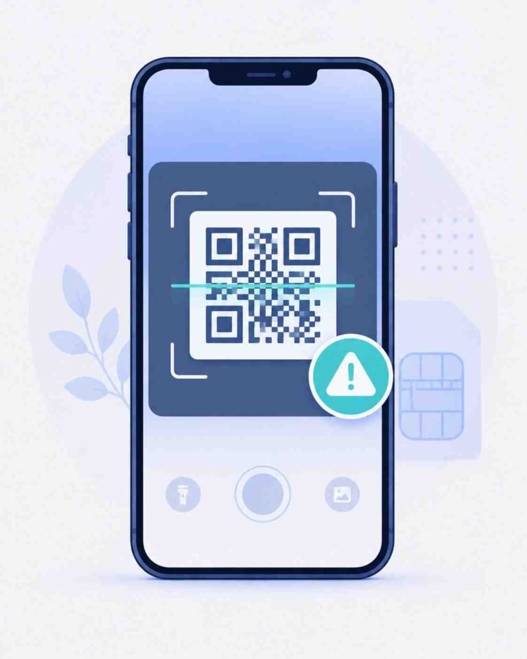 Smartphone showing a QR code scan with an error icon representing a failed eSIM activation
