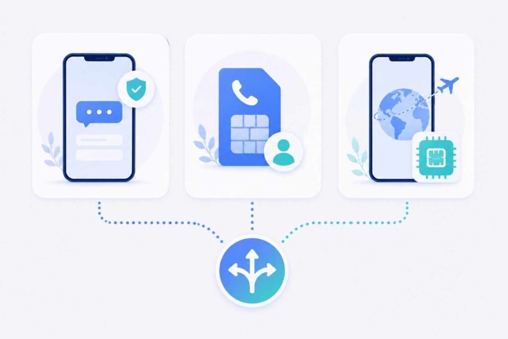Three icons representing verification, number rental, and travel eSIM connected to a decision branch symbol