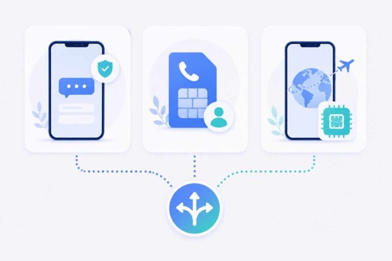 Three icons representing verification, number rental, and travel eSIM connected to a decision branch symbol