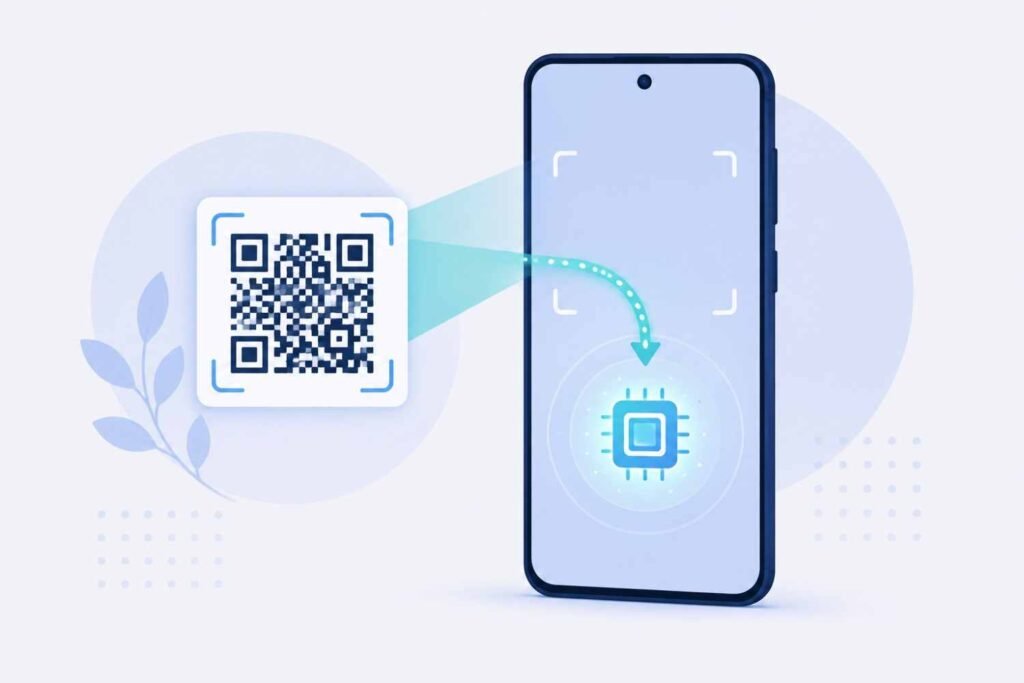 Smartphone scanning a QR code with data flowing into an internal chip icon representing eSIM provisioning