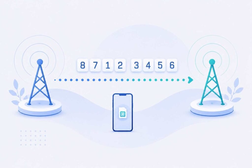 Phone number moving between two carrier tower icons representing number porting