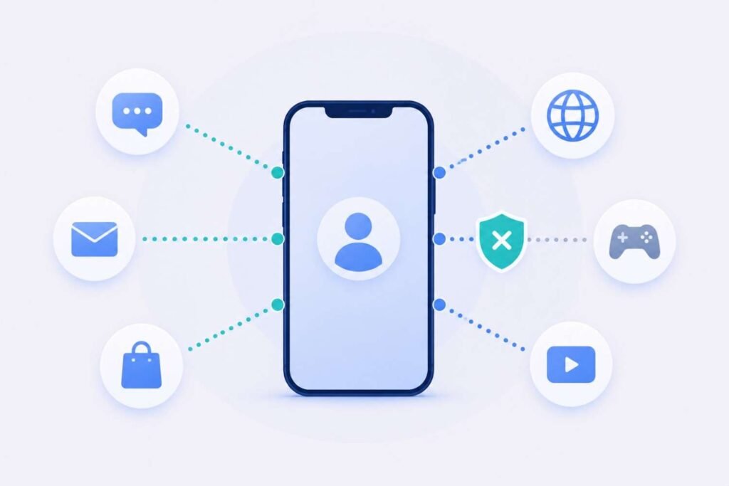 Smartphone with dotted lines to several apps, one blocked by a shield icon, representing limiting number exposure