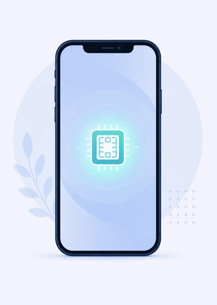 Smartphone silhouette with a glowing digital SIM chip icon representing iPhone eSIM support