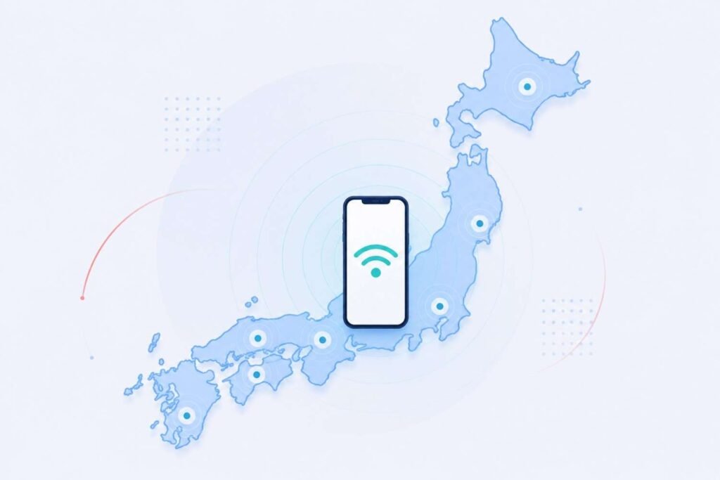Simplified map of Japan with a smartphone signal icon representing mobile connectivity
