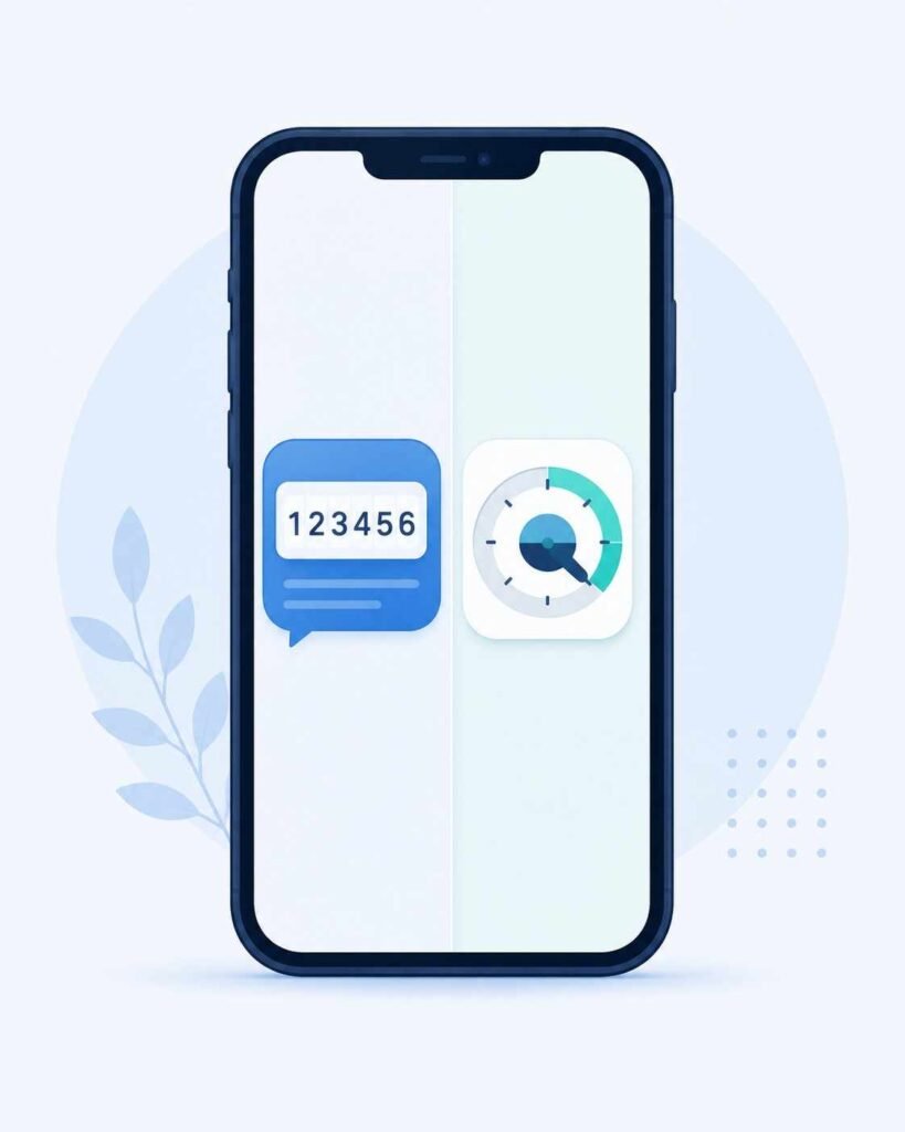 Smartphone showing SMS code on one side and authenticator app code on the other