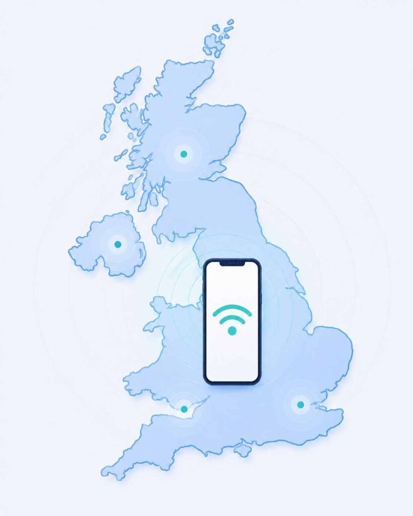 Simplified map of the 'United Kingdom with a smartphone signal icon representing mobile connectivity