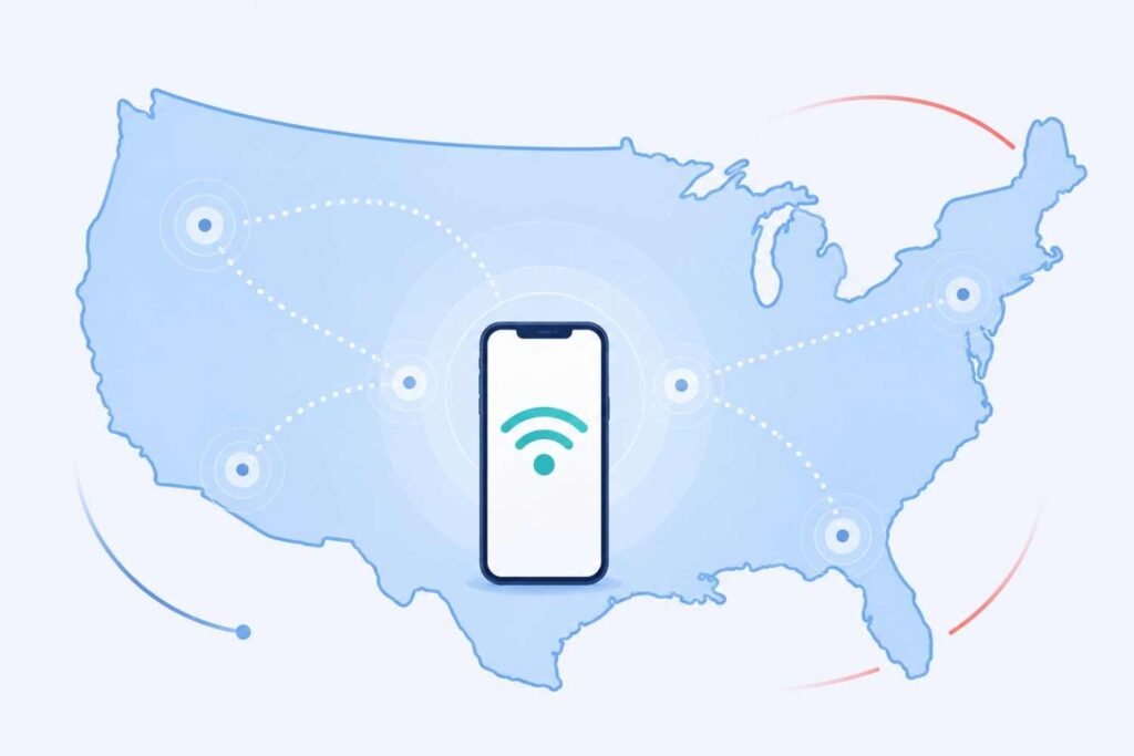 Simplified map of the USA with a smartphone signal icon representing mobile connectivity