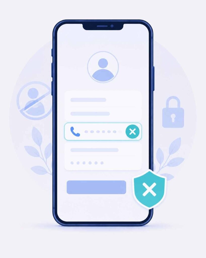 Smartphone showing a rejected signup form with an X icon representing a declined virtual number