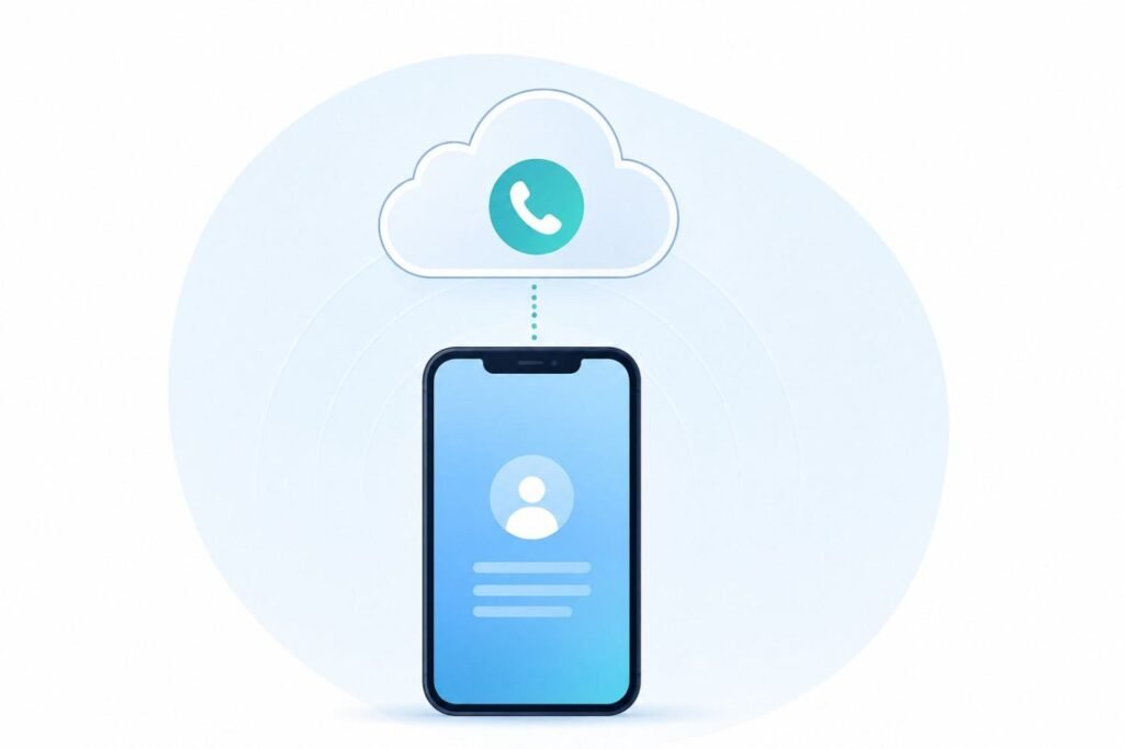 Smartphone connected to a cloud icon representing a virtual phone number