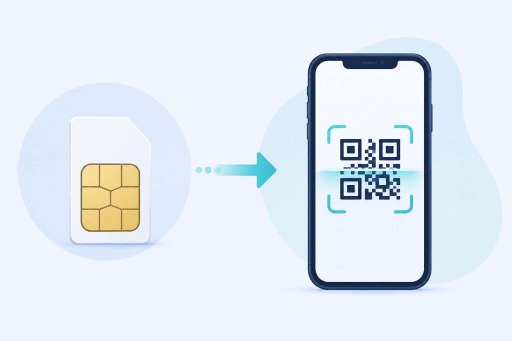 Physical SIM card next to a smartphone displaying a QR code representing eSIM activation