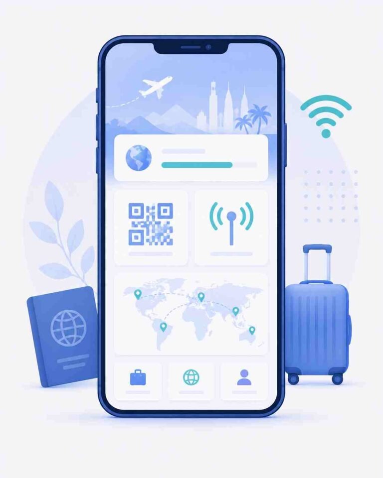 Smartphone displaying a travel connectivity dashboard with a QR code and signal icon