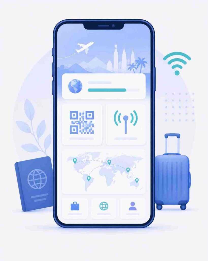 Smartphone displaying a travel connectivity dashboard with a QR code and signal icon