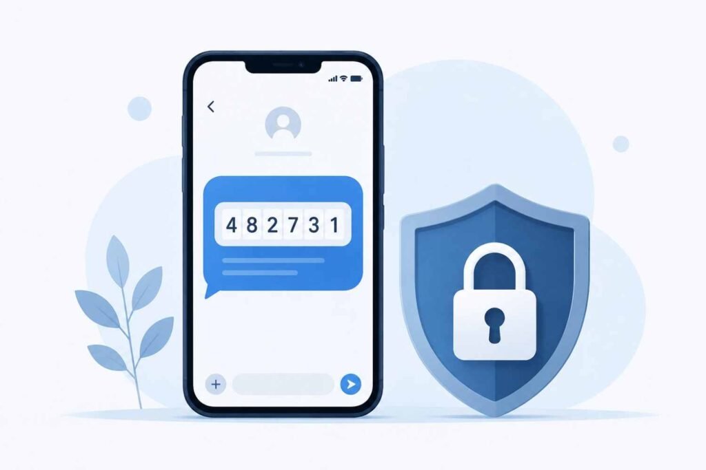 Smartphone displaying an SMS verification code next to a security shield icon