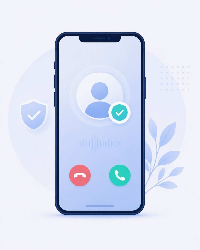 Smartphone displaying an incoming call with a verification checkmark badge representing STIR/SHAKEN